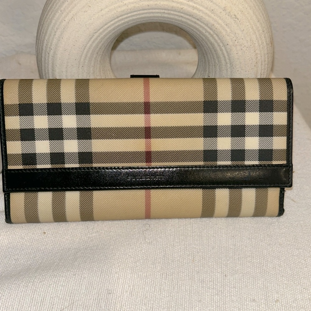 Burberry check Folded wallet Long Wallet Beige Black canvas